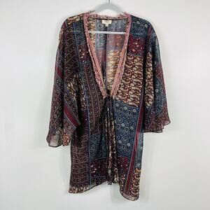 Umgee Size Medium Large Printed Fringe Detail Kimono Topper Boho Casual